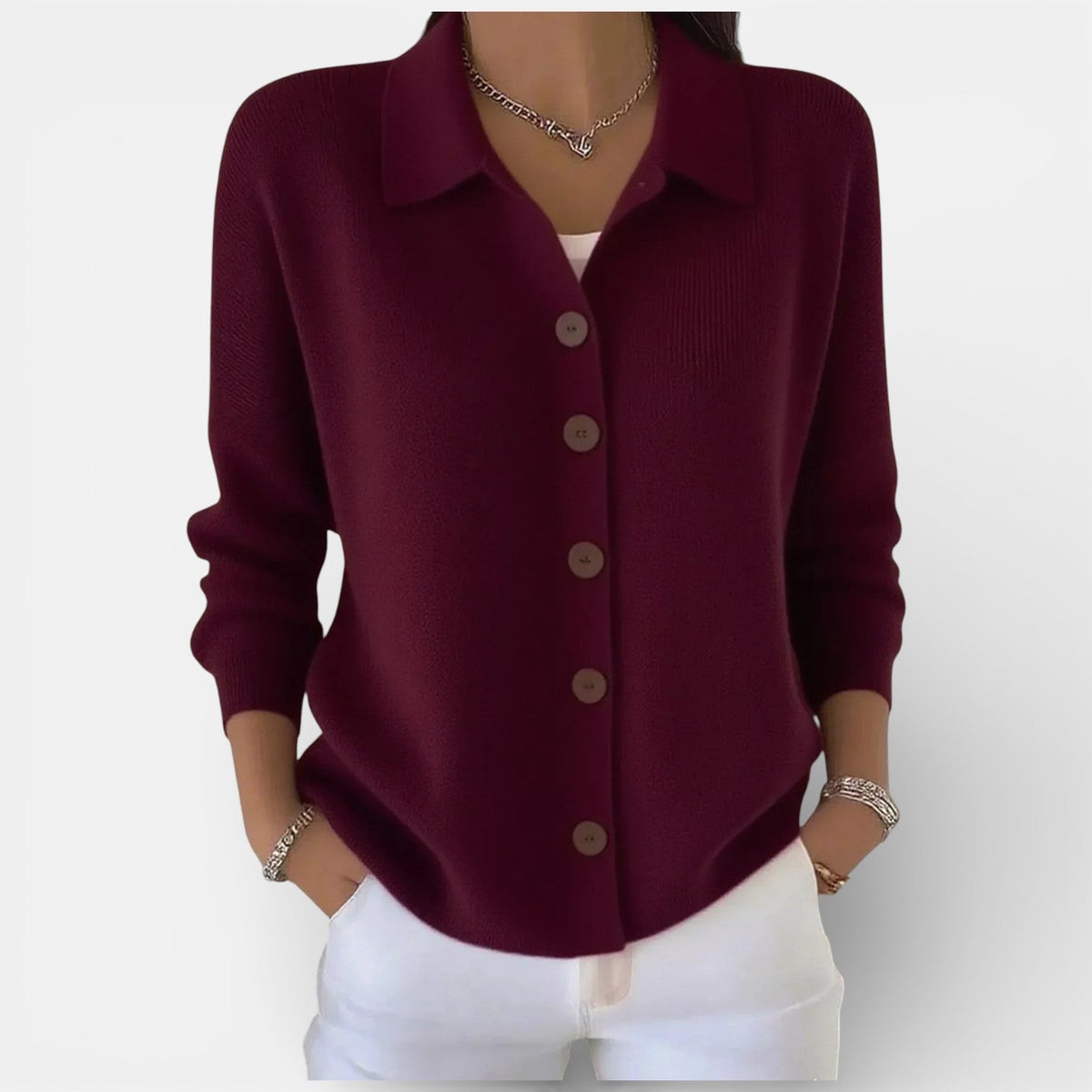 Women's Knitted Polo Blouse with Button Placket - Burgundy