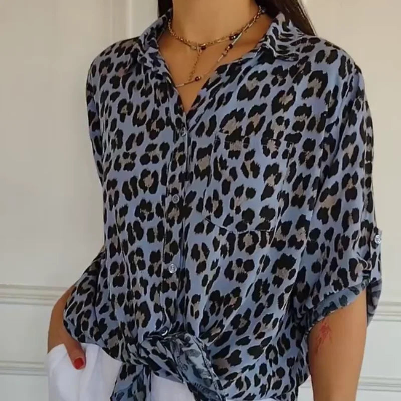 Delyth - Women's Leopard Print Blouse with Rolled Sleeves