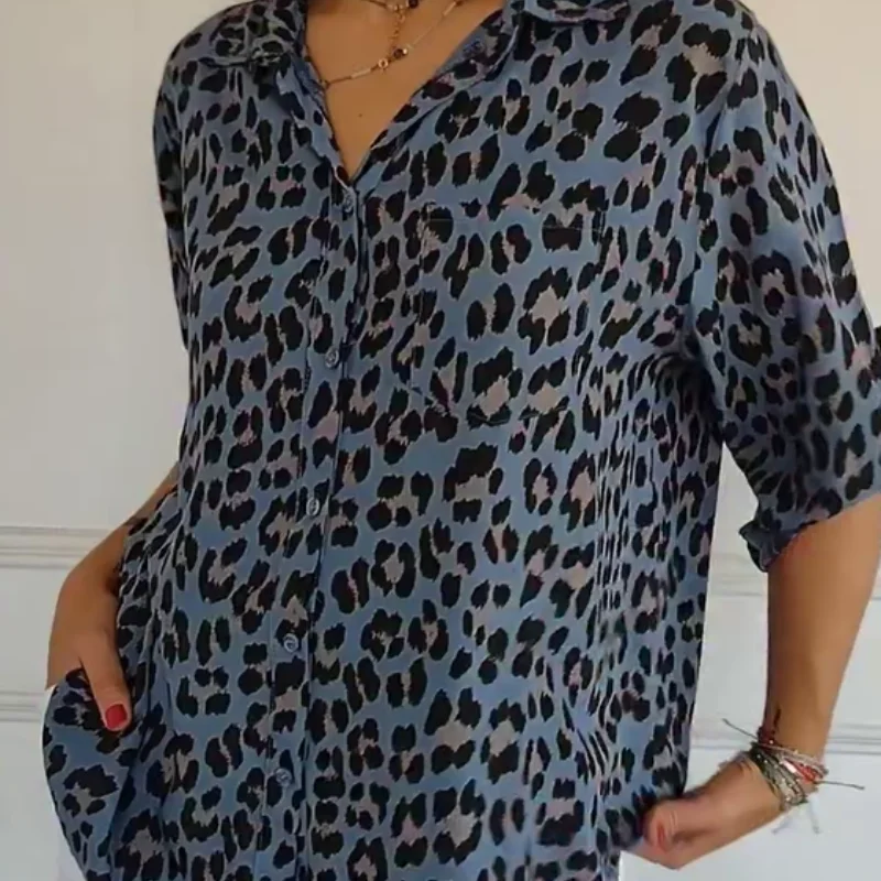 Delyth - Women's Leopard Print Blouse with Rolled Sleeves