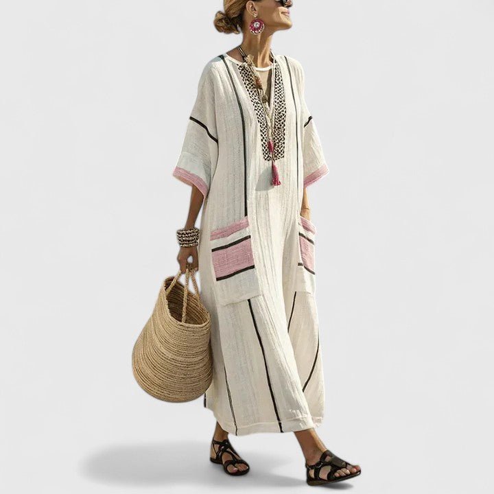 Camila - Abito lungo in lino da donna con scollo a V e maniche a 3/4 a righe