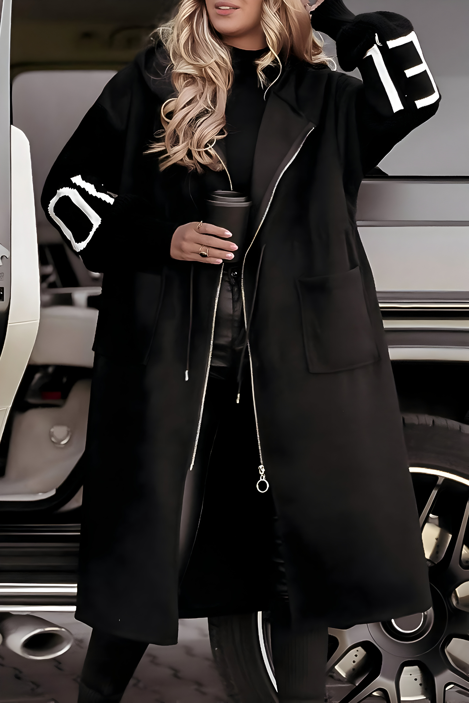 Women's Long Hooded Coat with Zip and Pockets - photo 7