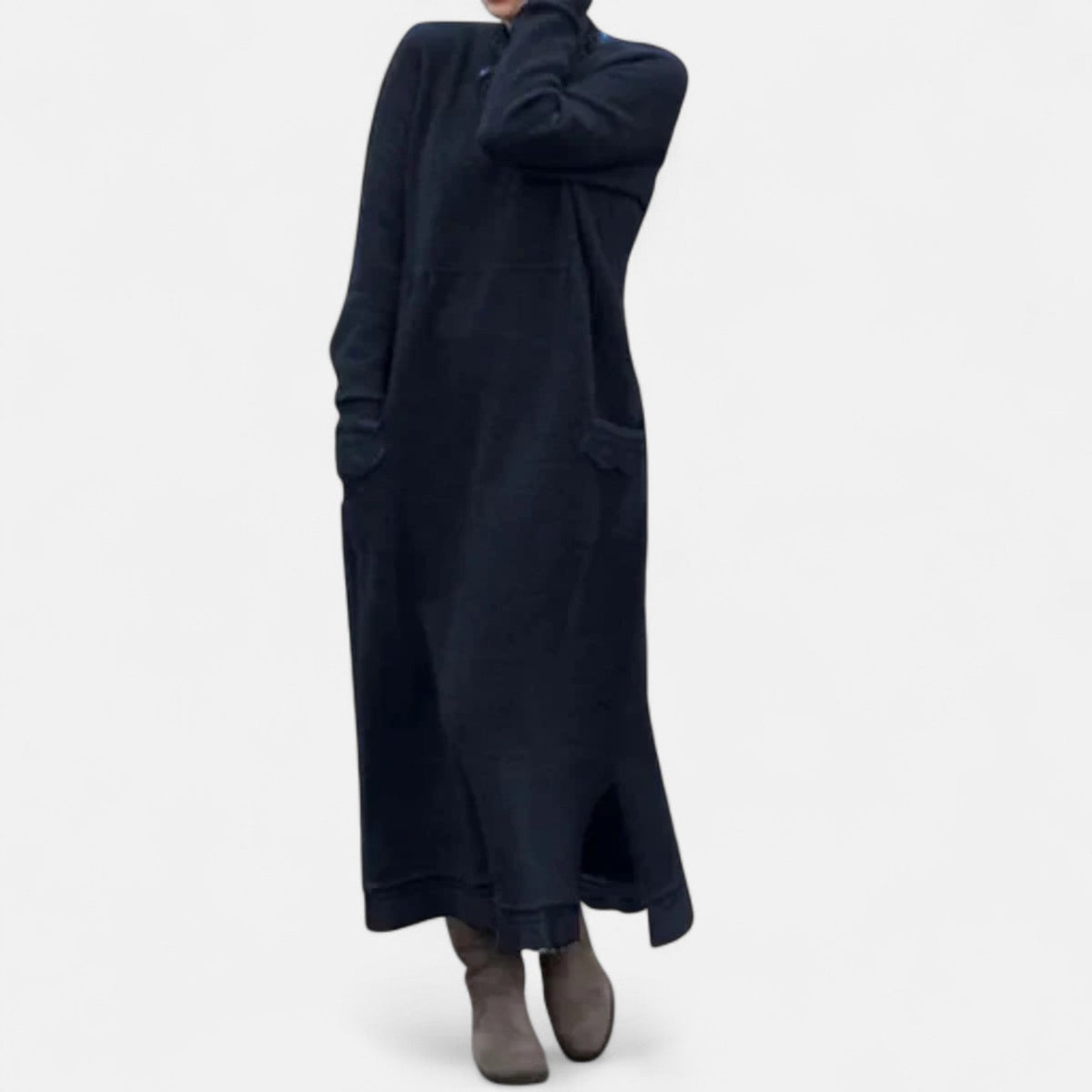 Women's Long Knitted Dress with Stand Collar and Pockets - Navy