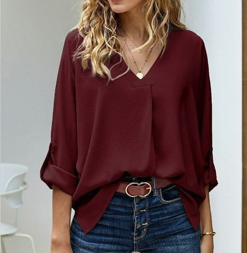 Women's Long Sleeve Blouse with V-Neck - Wine Red