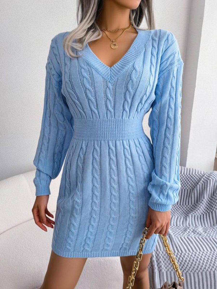 Women's Long Sleeve Knitted Dress with V-Neck - Blue