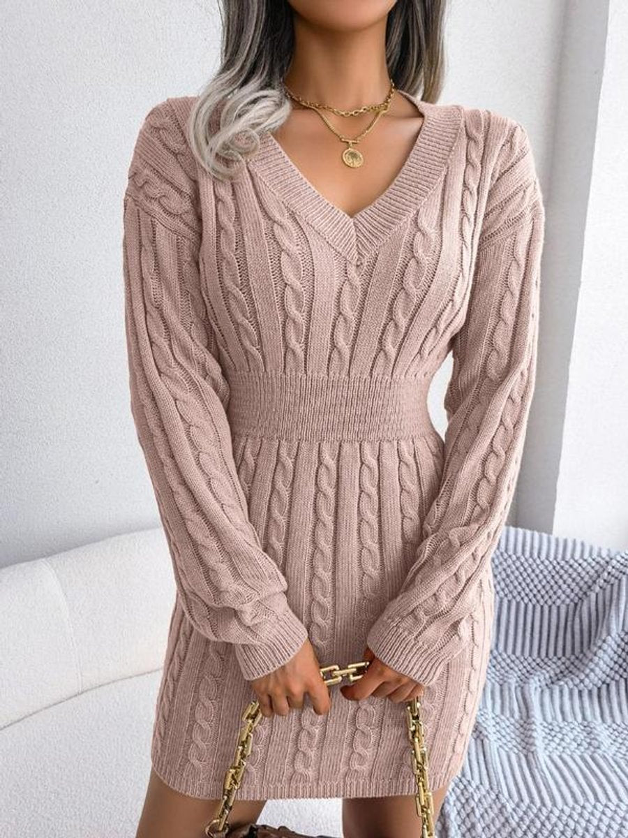 Women's Long Sleeve Knitted Dress with V-Neck - Pink