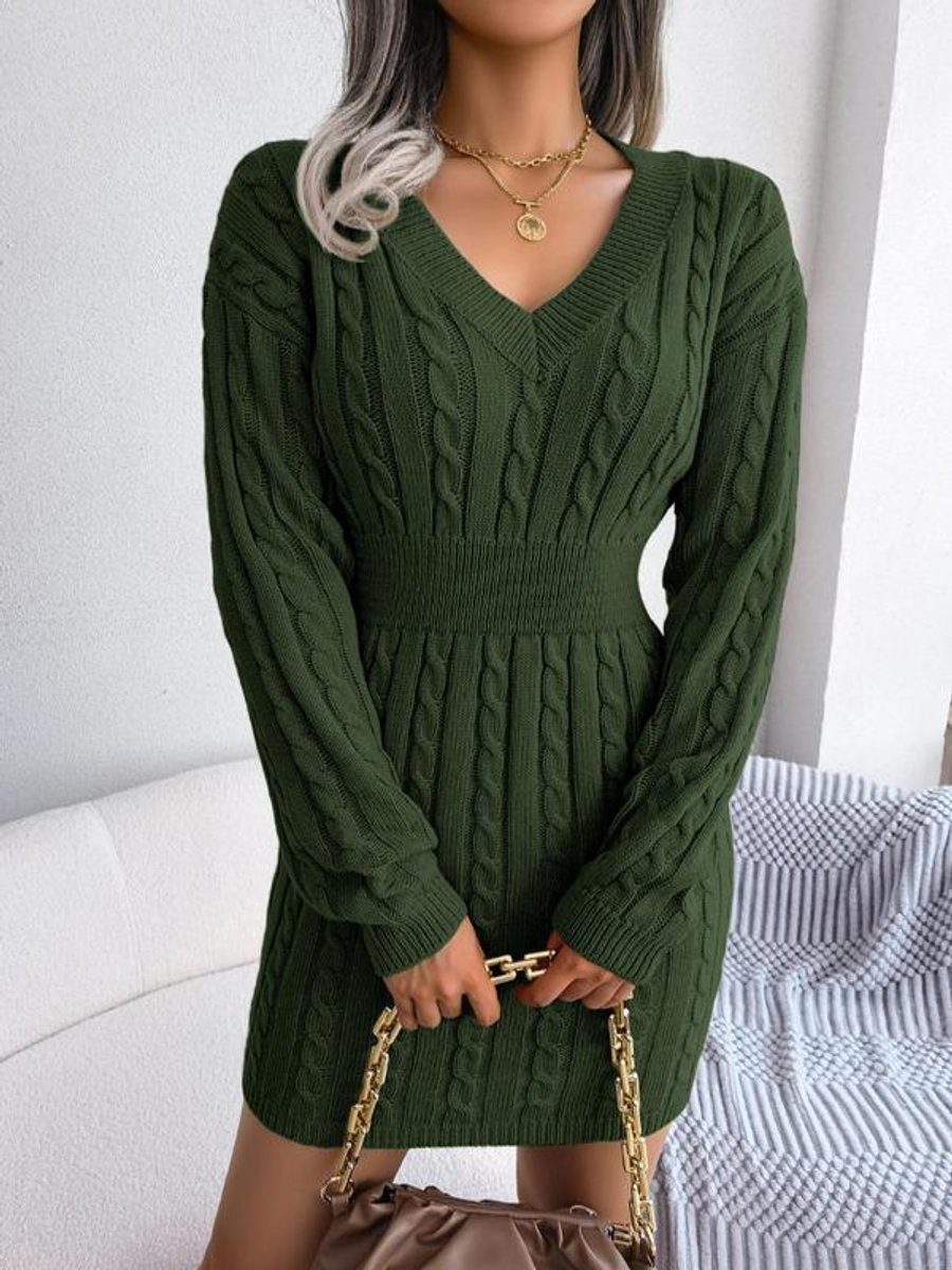 Women's Long Sleeve Knitted Dress with V-Neck - Army Green