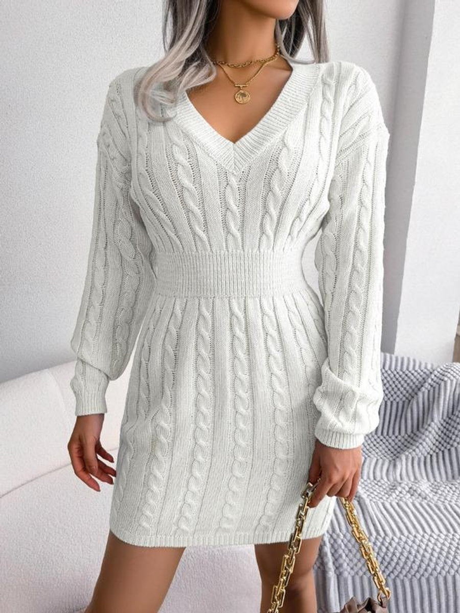 Women's Long Sleeve Knitted Dress with V-Neck - Cream White