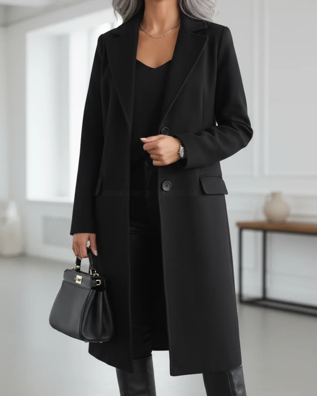 Ennis - Women's Longline Wool Coat with Notched Lapels