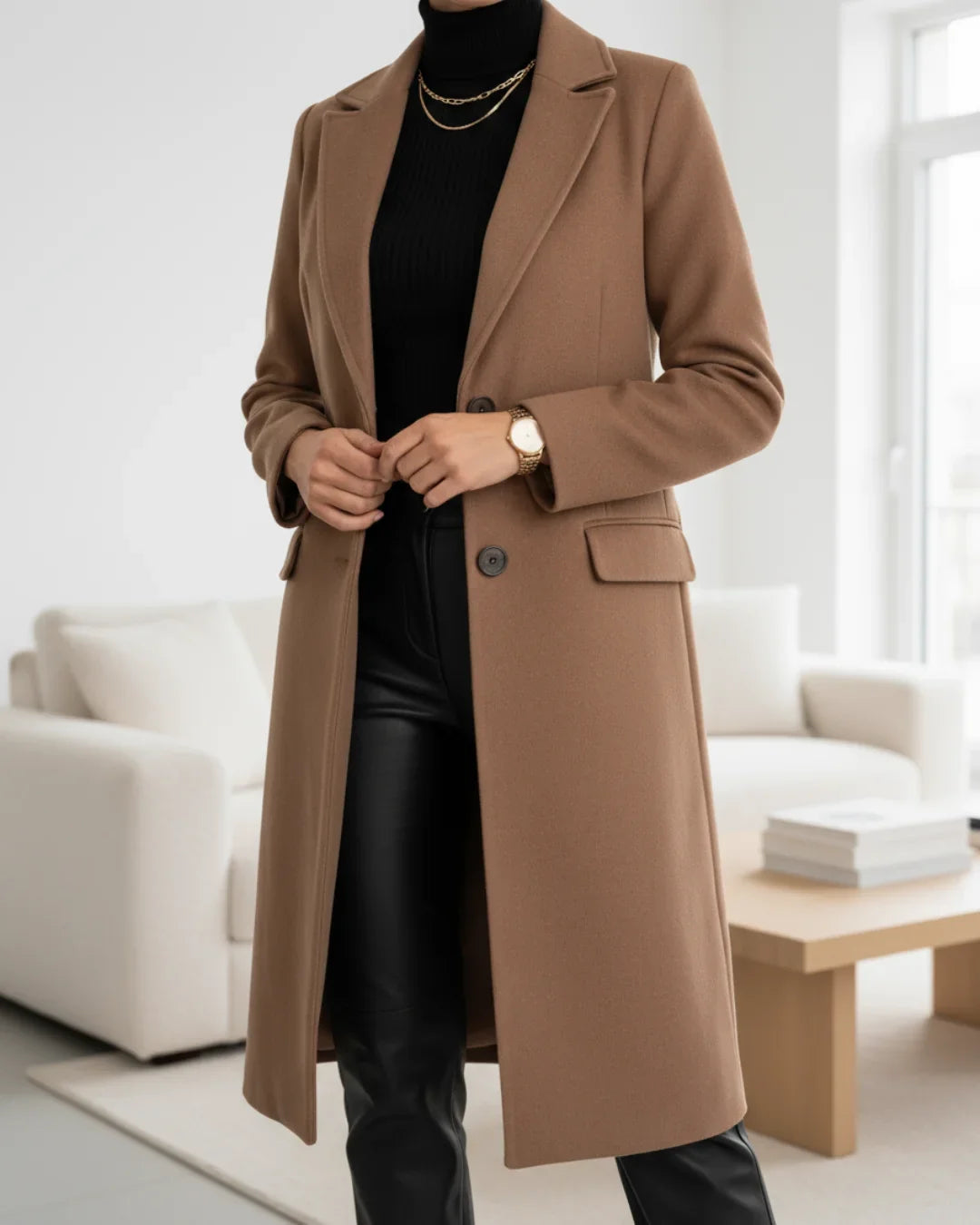 Ennis - Women's Longline Wool Coat with Notched Lapels