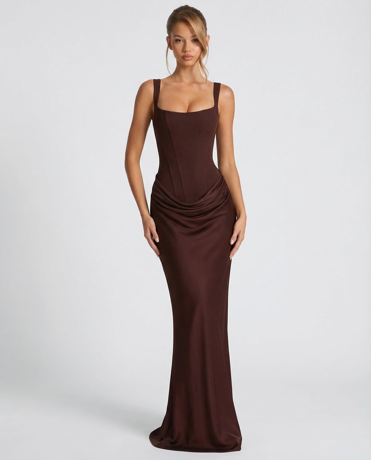Women's Maxi Dress Evening Dress with Square Neck and Draped Waist Silhouette
