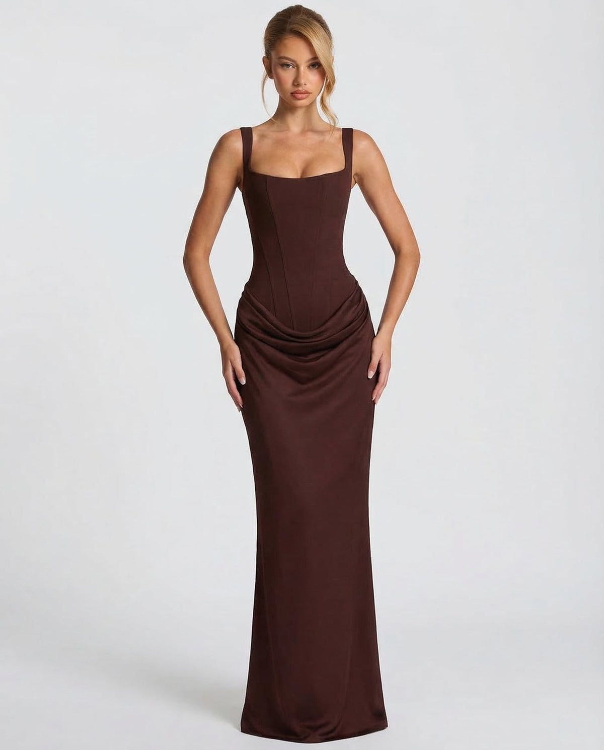 Women's Maxi Dress Evening Dress with Square Neck and Draped Waist Silhouette – view 9