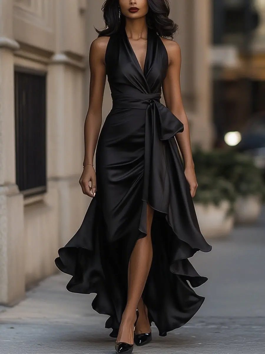 Abito da sera lungo da donna con scollo all'americana e gonna avvolgente con orlo arricciato