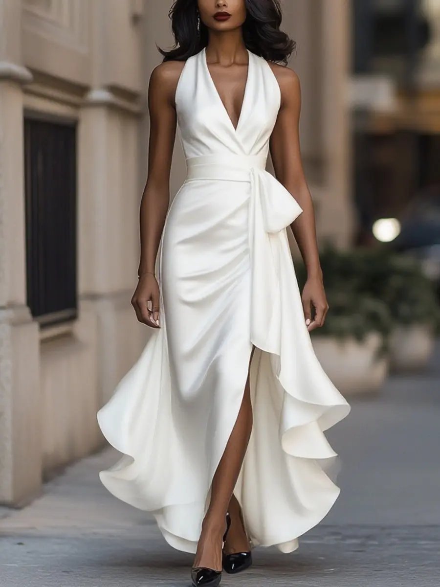 Abito da sera lungo da donna con scollo all'americana e gonna avvolgente con orlo arricciato