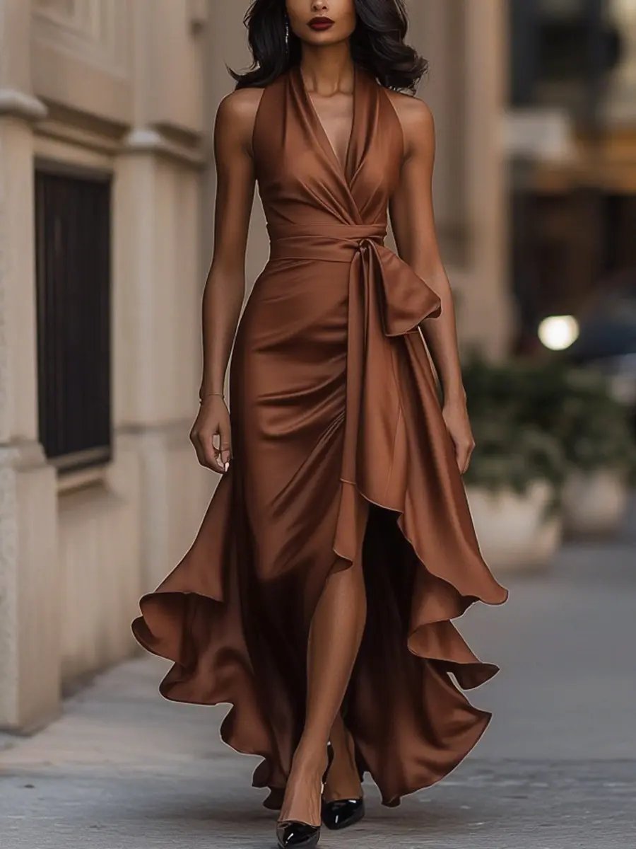 Abito da sera lungo da donna con scollo all'americana e gonna avvolgente con orlo arricciato