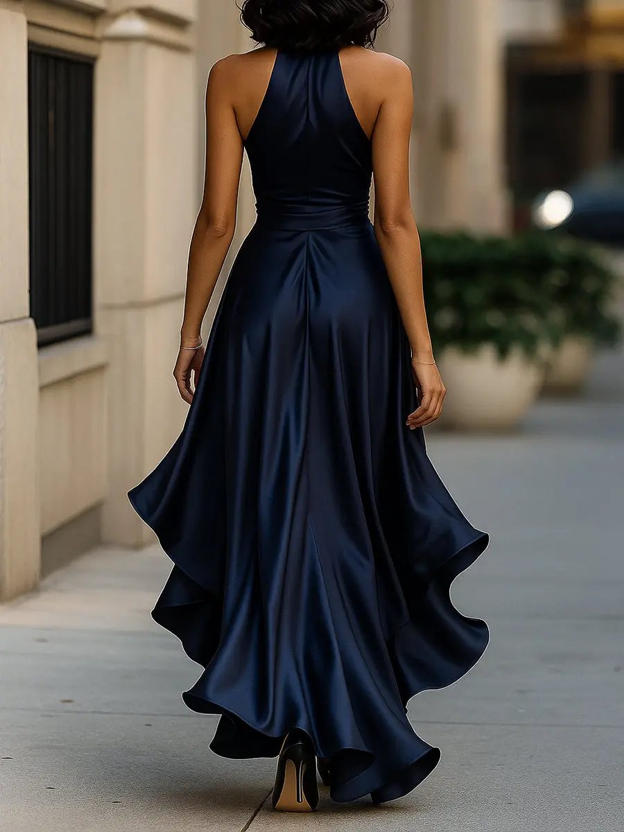 Abito da sera lungo da donna con scollo all'americana e gonna avvolgente con orlo arricciato