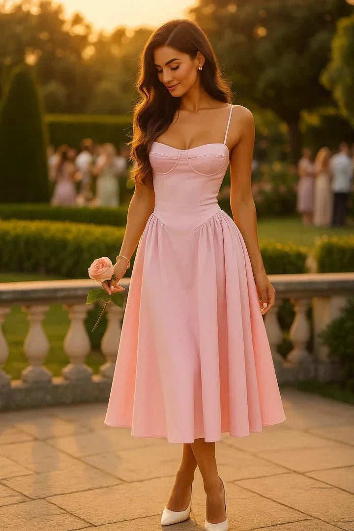 Cara - Women's Pink Midi Wedding Guest Dress with Sleeves