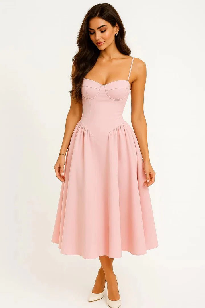 Cara - Women's Pink Midi Wedding Guest Dress with Sleeves