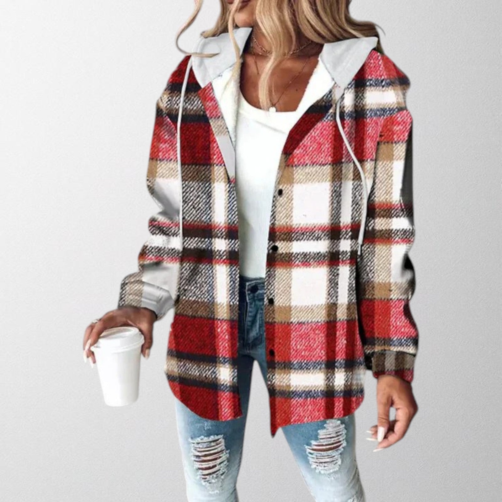 Women's Plaid Overshirt Jacket with Hood - photo 2