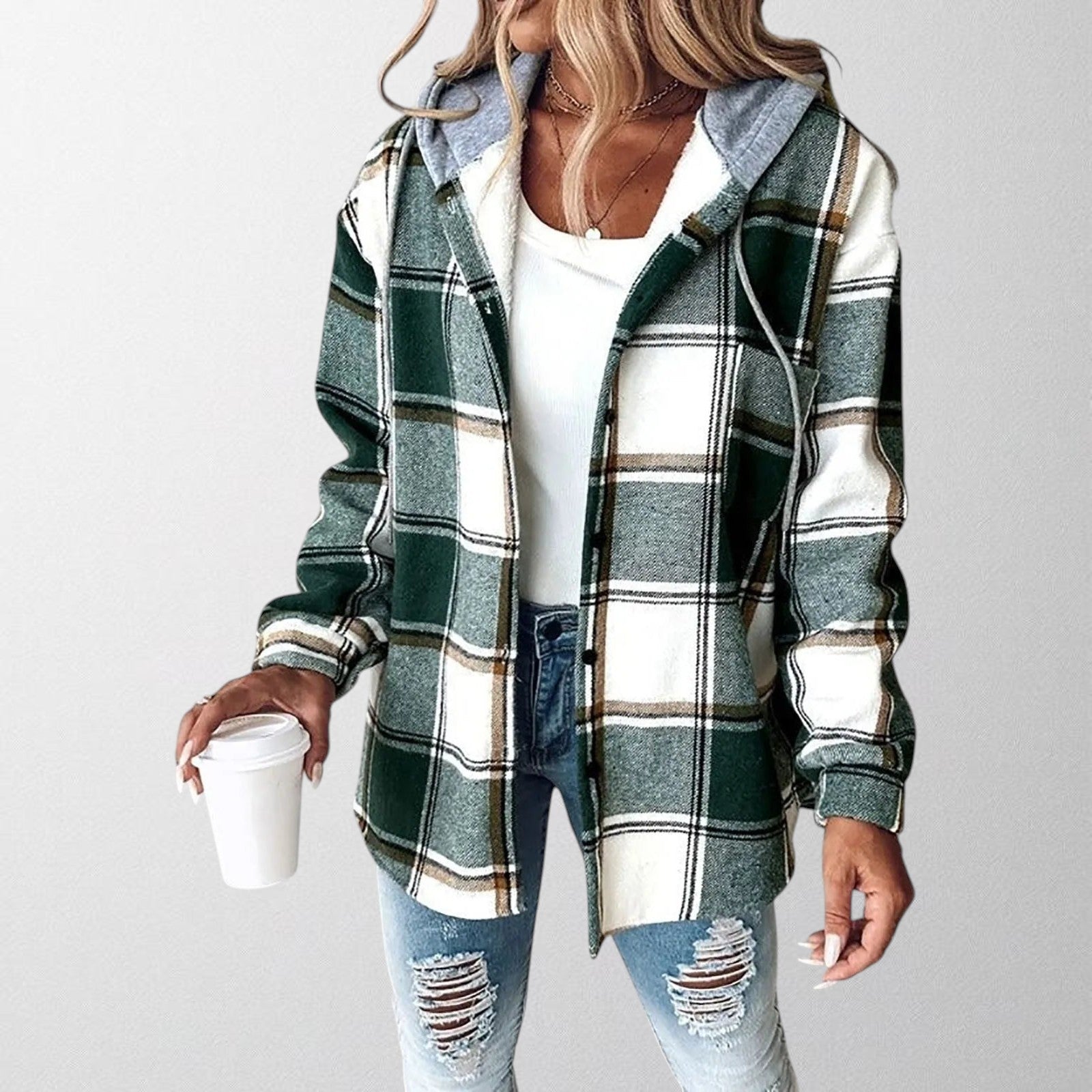 Women's Plaid Overshirt Jacket with Hood - photo 3