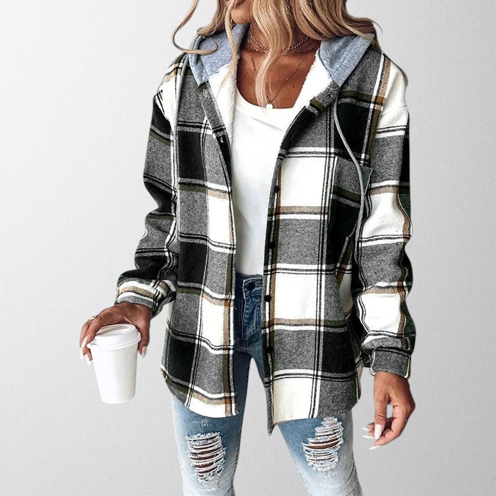 Women's Plaid Overshirt Jacket with Hood - photo 4
