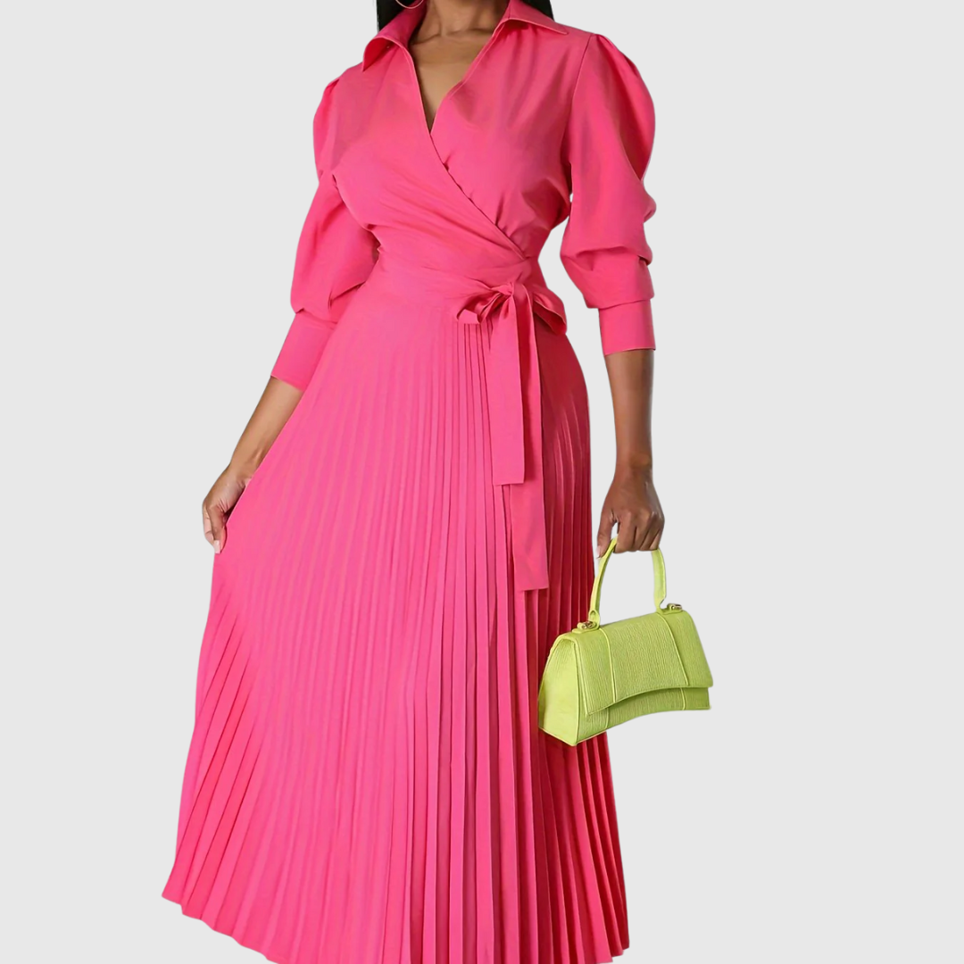 Danielle - Abito midi da donna plissettato a portafoglio con cintura da annodare
