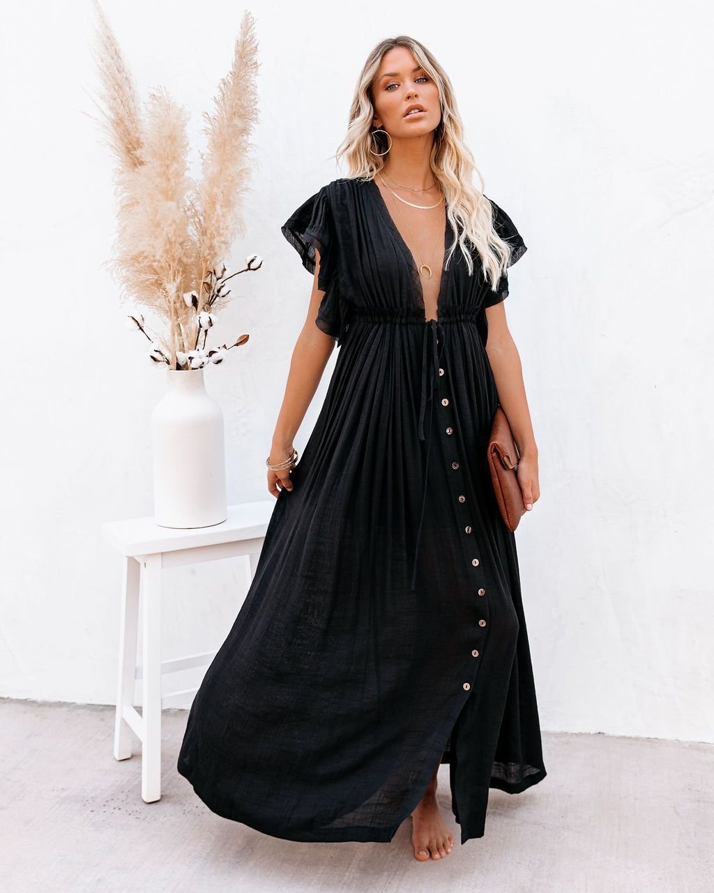 Women's Plunging V-Neck Button-Front Flutter-Sleeve Maxi Dress
