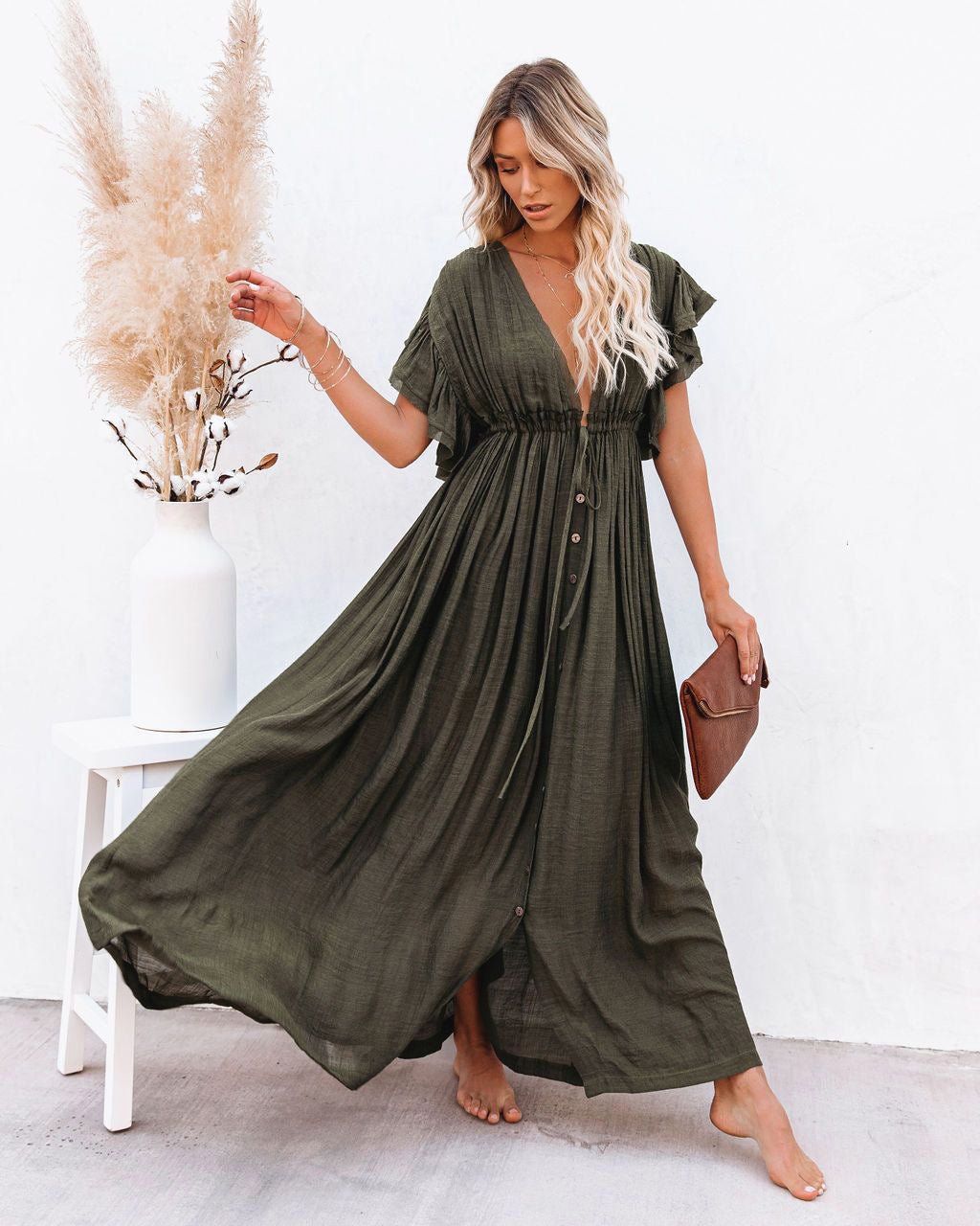 Women's Plunging V-Neck Button-Front Flutter-Sleeve Maxi Dress