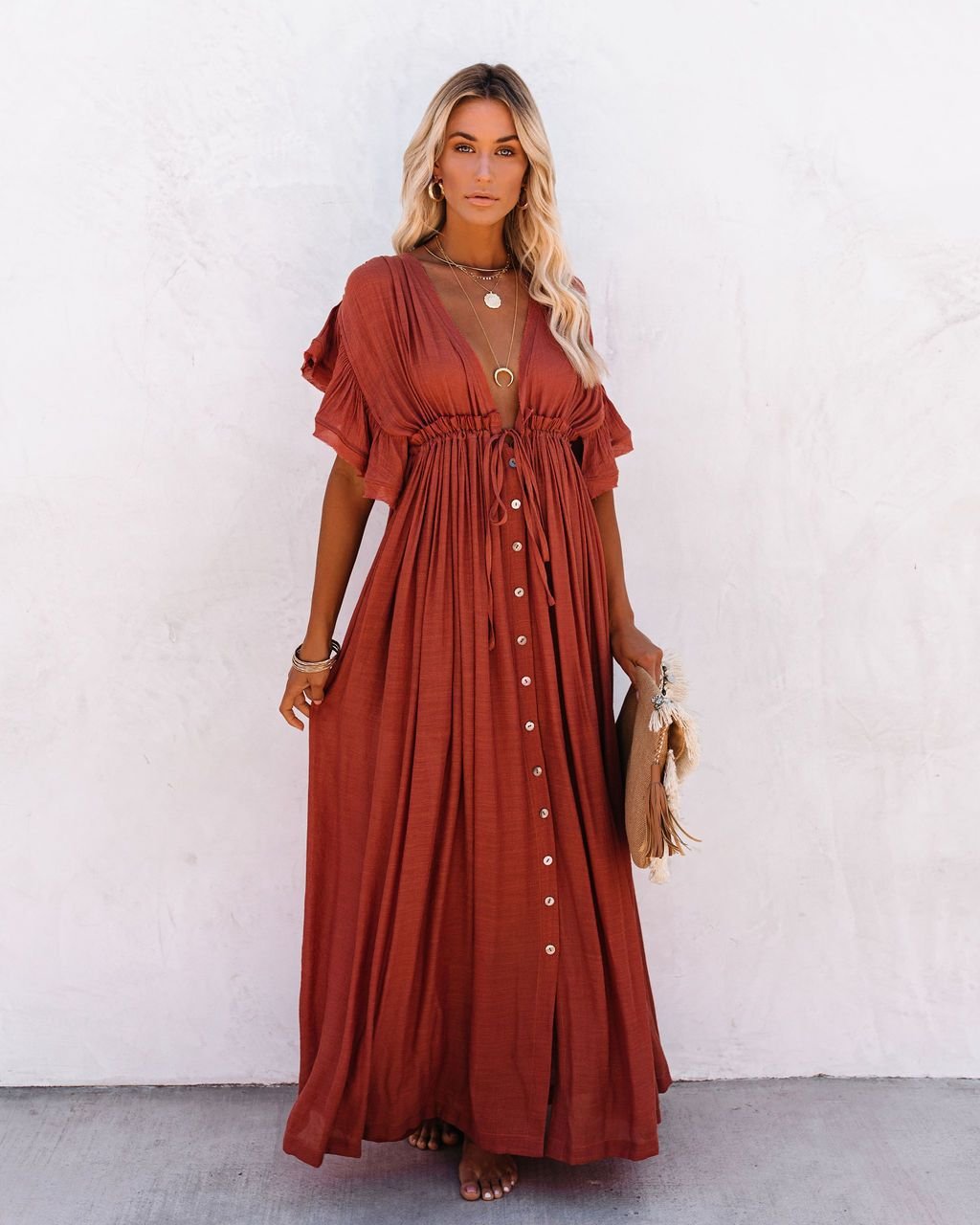 Women's Plunging V-Neck Button-Front Flutter-Sleeve Maxi Dress