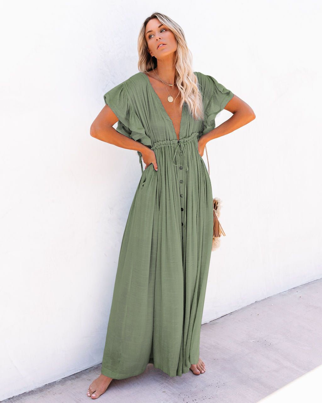 Women's Plunging V-Neck Button-Front Flutter-Sleeve Maxi Dress