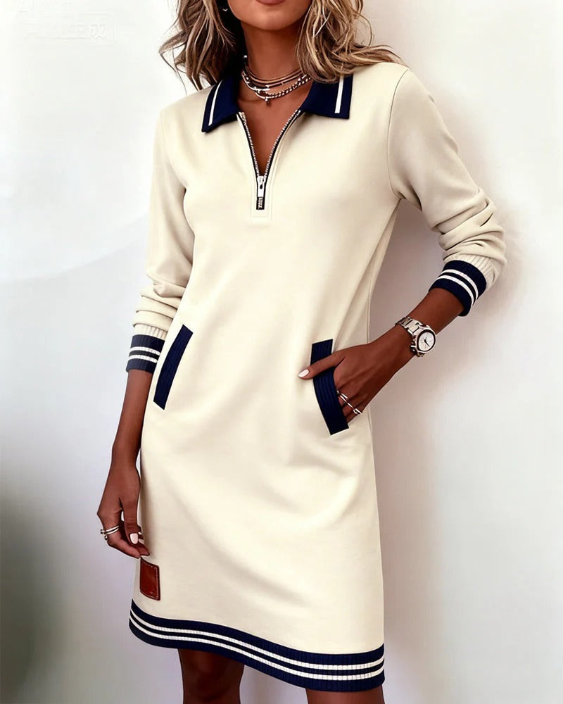 Women's Quarter Zip Midi Dress Striped Trim