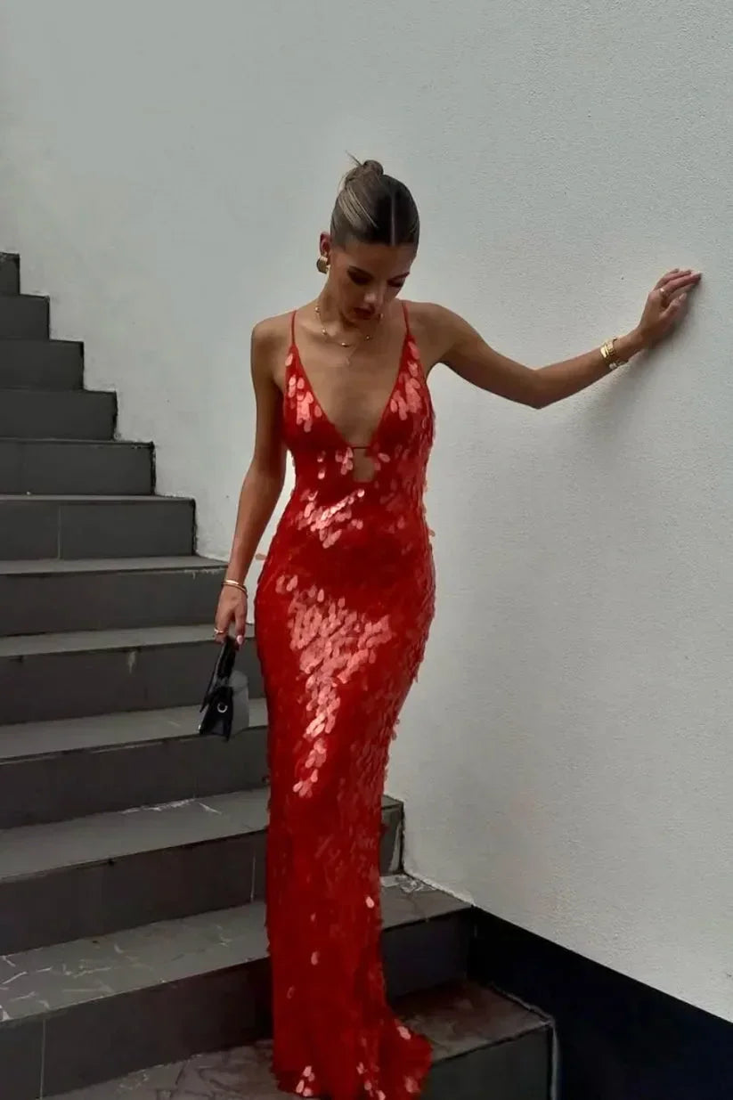Joan - Women's Red Sequin Maxi Dress with Thin Straps