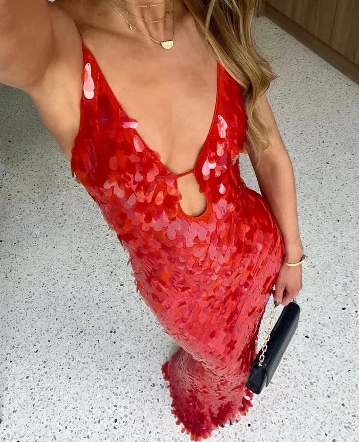 Joan - Women's Red Sequin Maxi Dress with Thin Straps