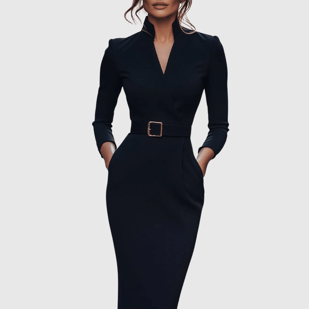 Women's Belted Tailored Wrap Midi Dress with Pockets - photo 1
