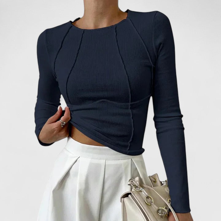 Women's Ribbed Slim Fit Crop Top with Raglan Seams - Navy Blue