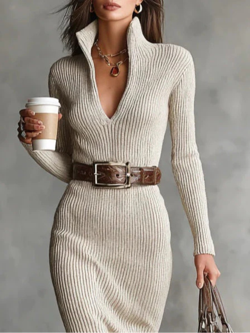 Women's Ribbed Knit Midi Dress with V-Neck