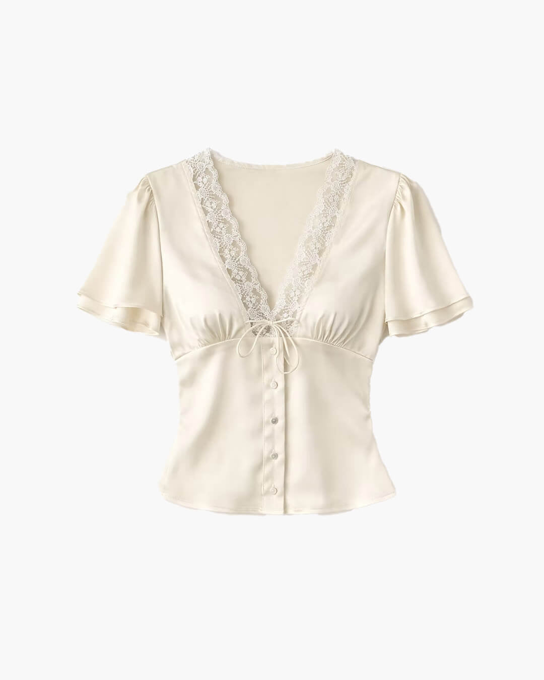 Michelle - Women's Satin Button Blouse with Lace V Neck