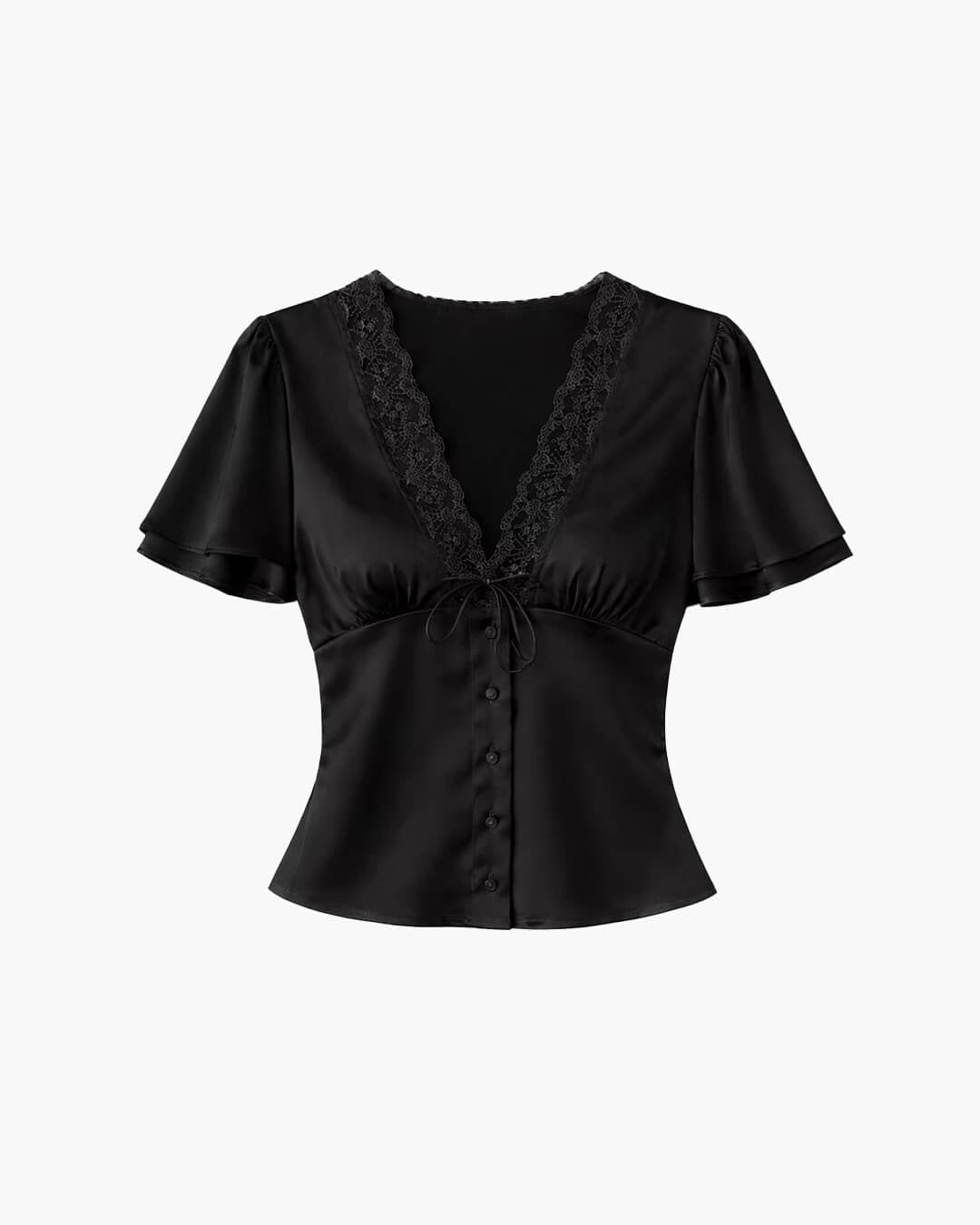 Michelle - Women's Satin Button Blouse with Lace V Neck