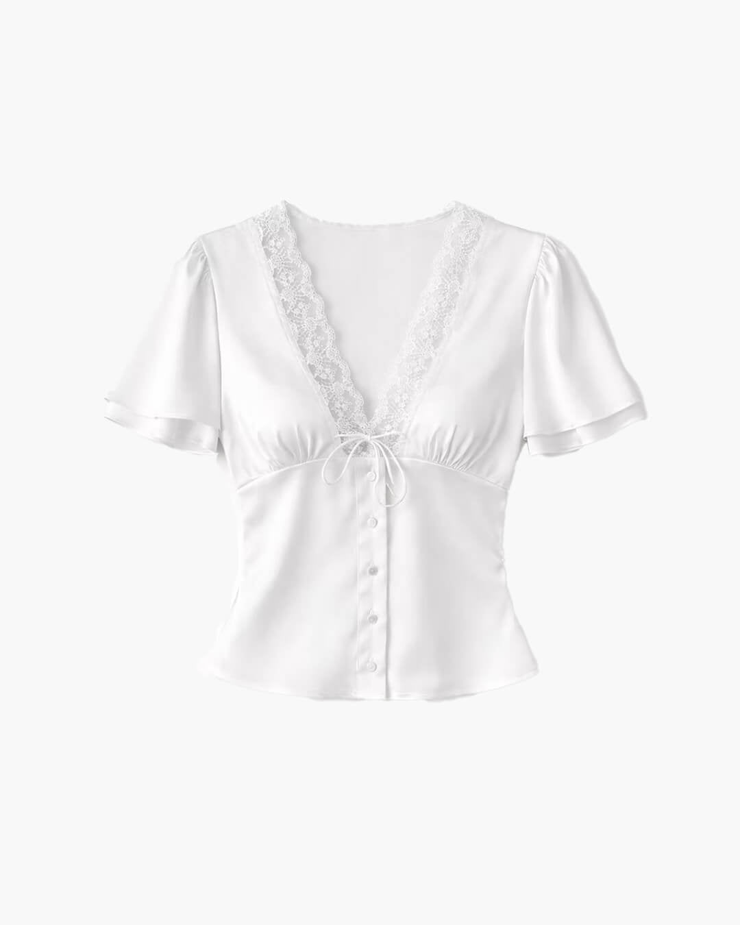 Michelle - Women's Satin Button Blouse with Lace V Neck