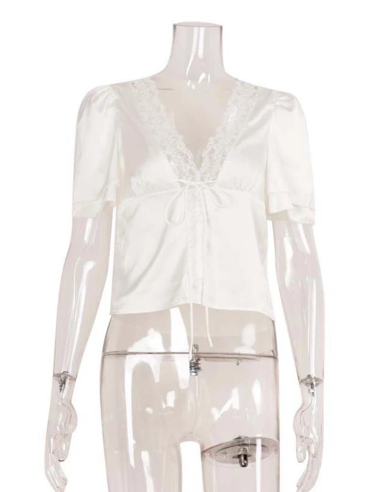 Teresa - Camicetta da donna in raso con allacciatura e dettaglio cut-out