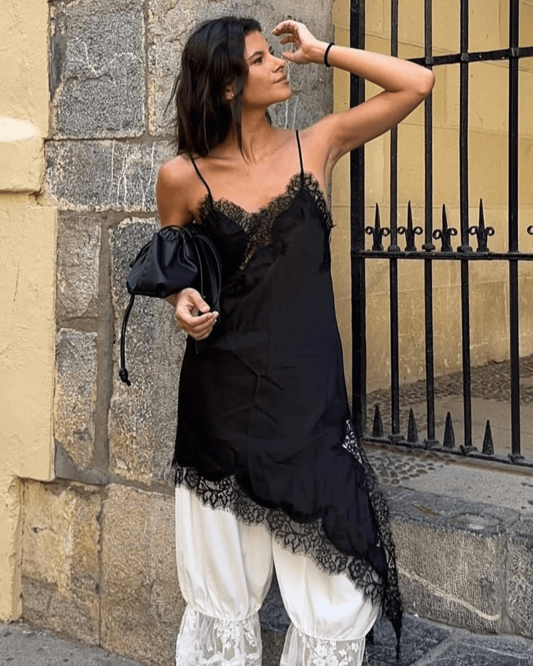 Libby - Abito midi da donna in raso con pizzo e orlo asimmetrico