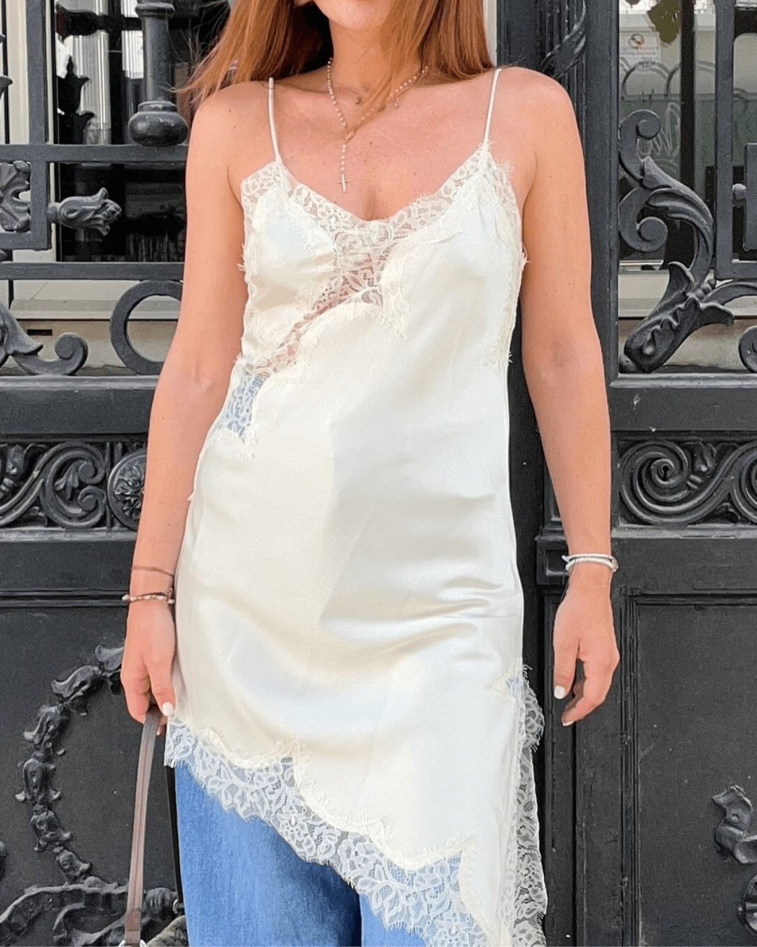 Libby - Abito midi da donna in raso con pizzo e orlo asimmetrico