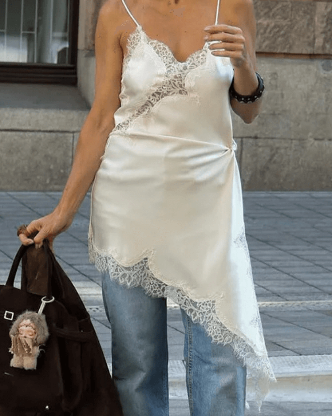 Libby - Abito midi da donna in raso con pizzo e orlo asimmetrico