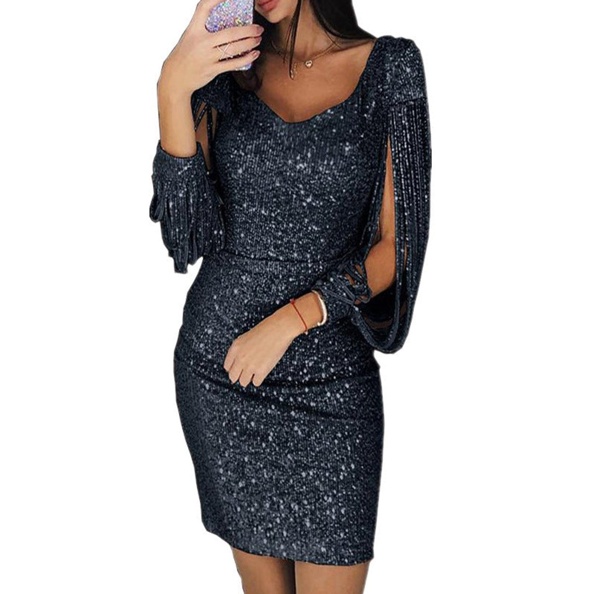 Ellen - Women's Sequin Dress with Tassel Sleeves