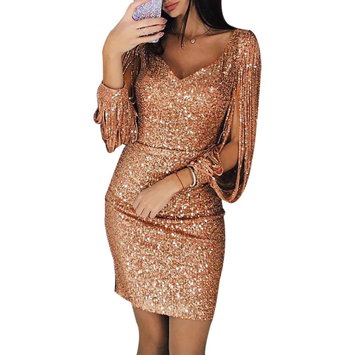 Ellen - Women's Sequin Dress with Tassel Sleeves