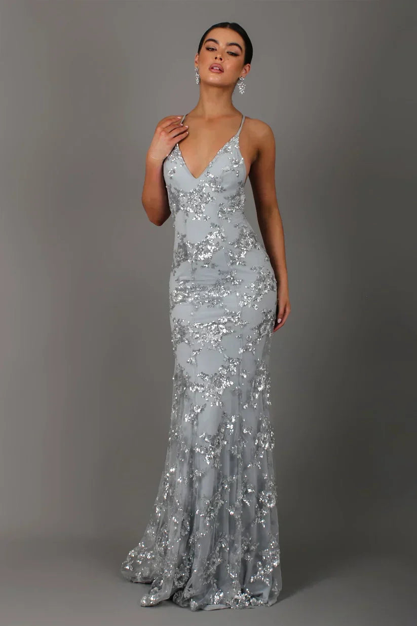 Women's Sequin Mermaid Maxi Dress with Deep V-Neck and Fishtail Hem