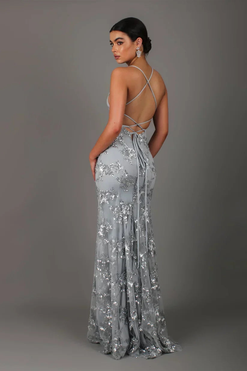 Women's Sequin Mermaid Maxi Dress with Deep V-Neck and Fishtail Hem