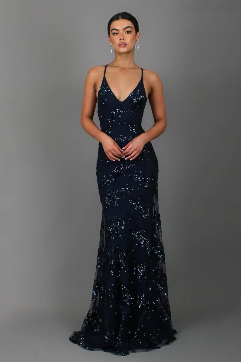 Women's Sequin Mermaid Maxi Dress with Deep V-Neck and Fishtail Hem