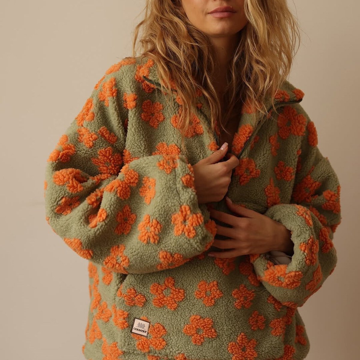 Bridget - pulover oversized de damă din fleece Sherpa, cu fermoar scurt parțial