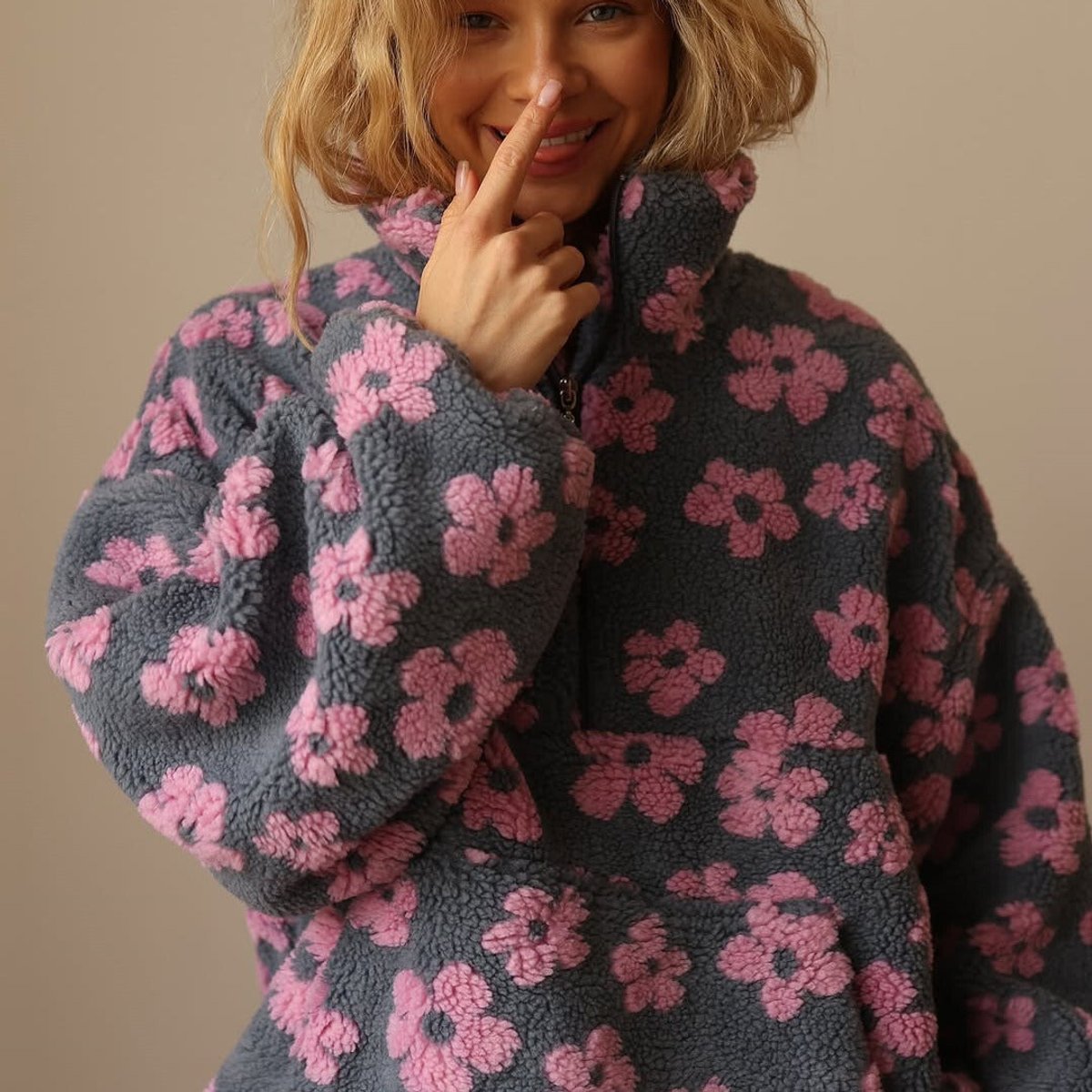 Bridget - pulover oversized de damă din fleece Sherpa, cu fermoar scurt parțial