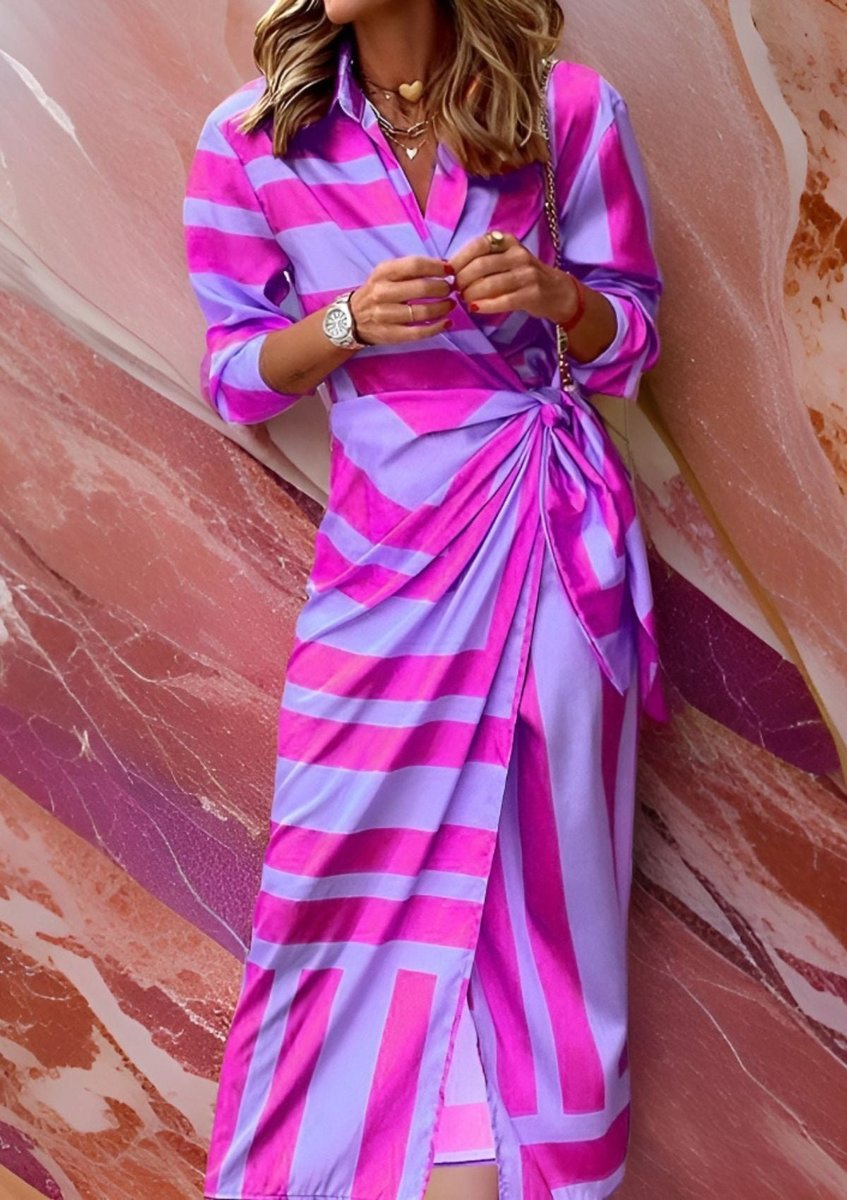 Women's Striped Wrap Maxi Long Sleeve Dress